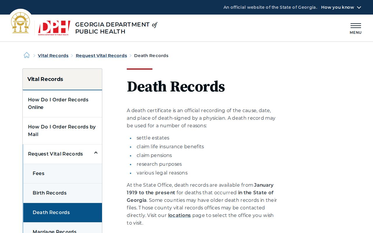 Georgia death record request page used to close a Warner Robins former resident trail
