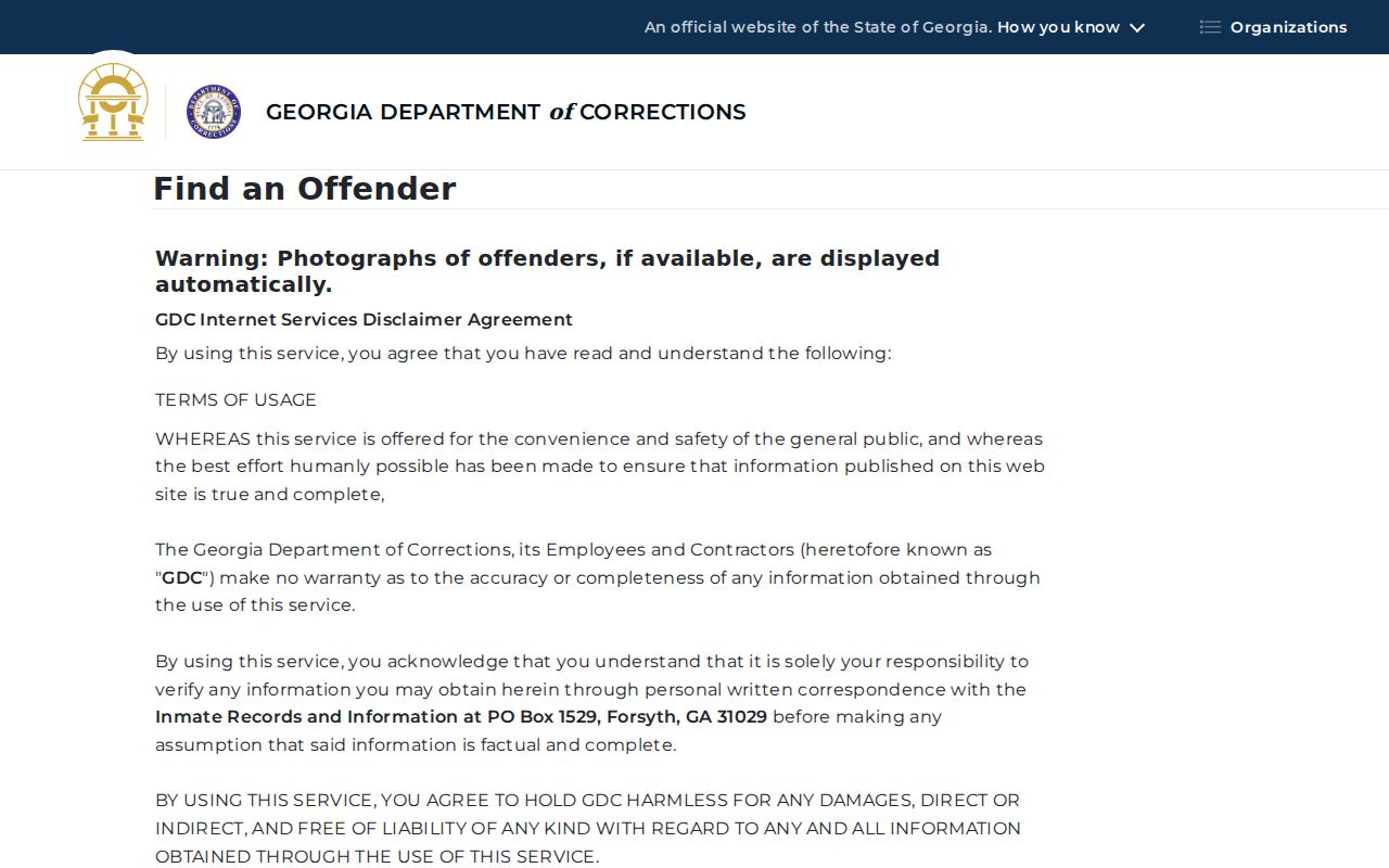 Georgia Department of Corrections official offender query for Warner Robins name verification