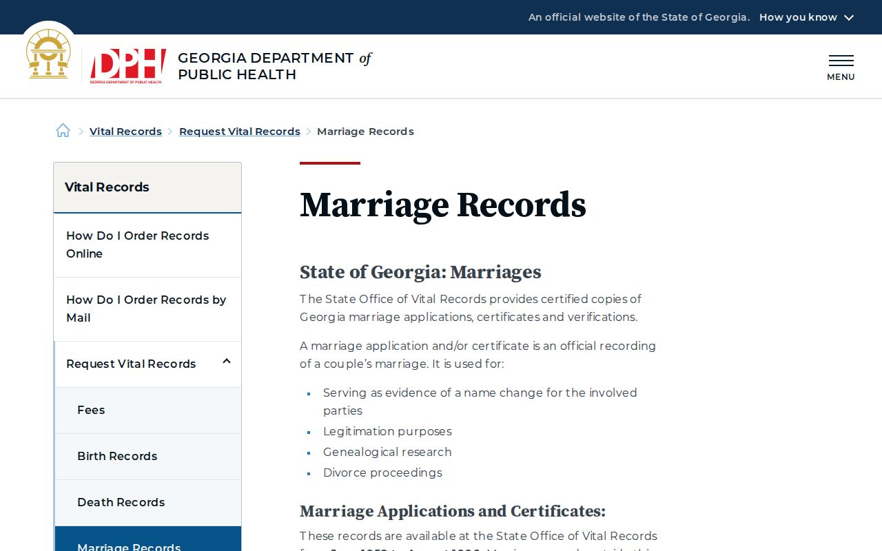 Georgia DPH marriage record request page for Warner Robins identity research