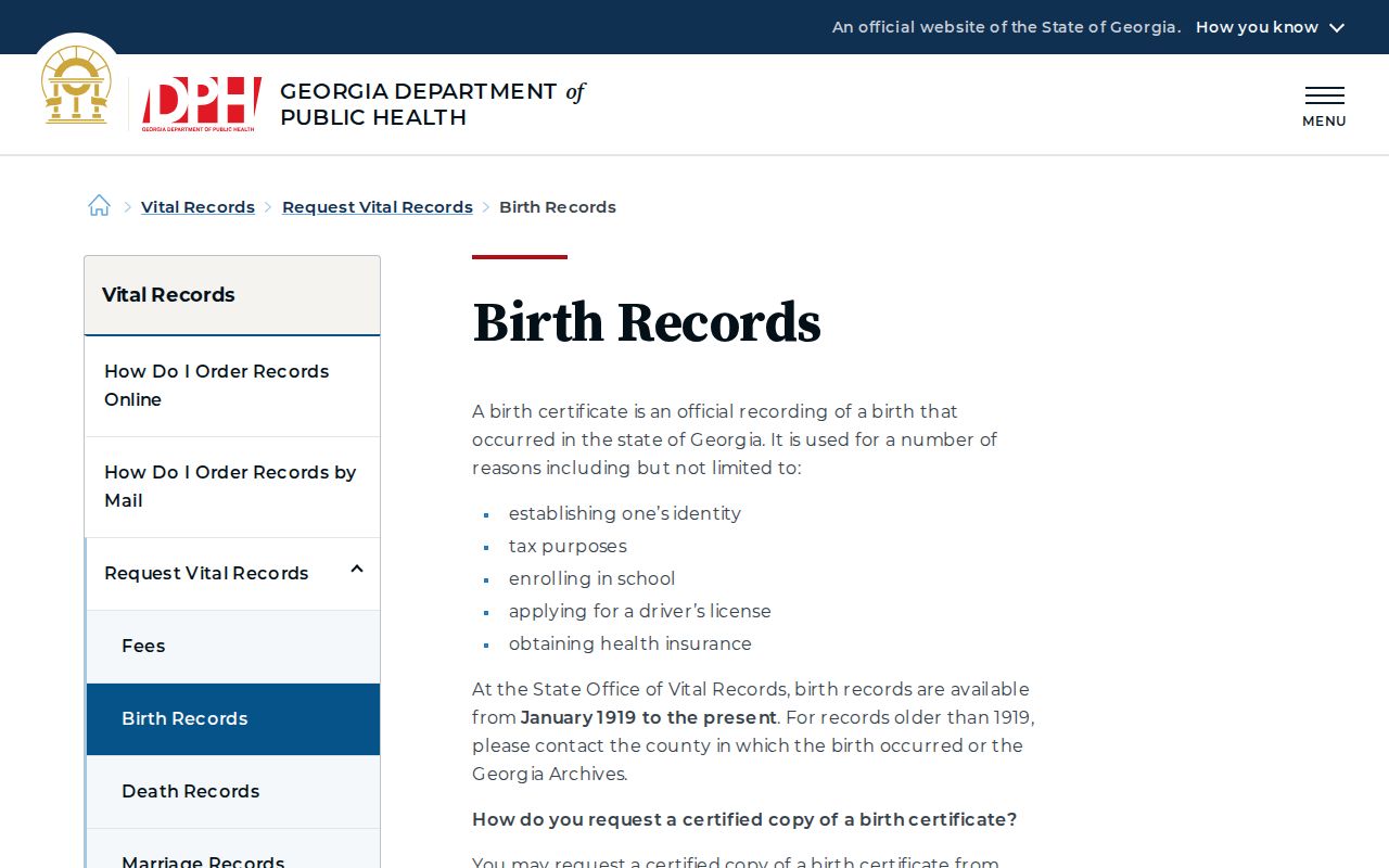 Georgia DPH birth record request page used in a Warner Robins resident lookup