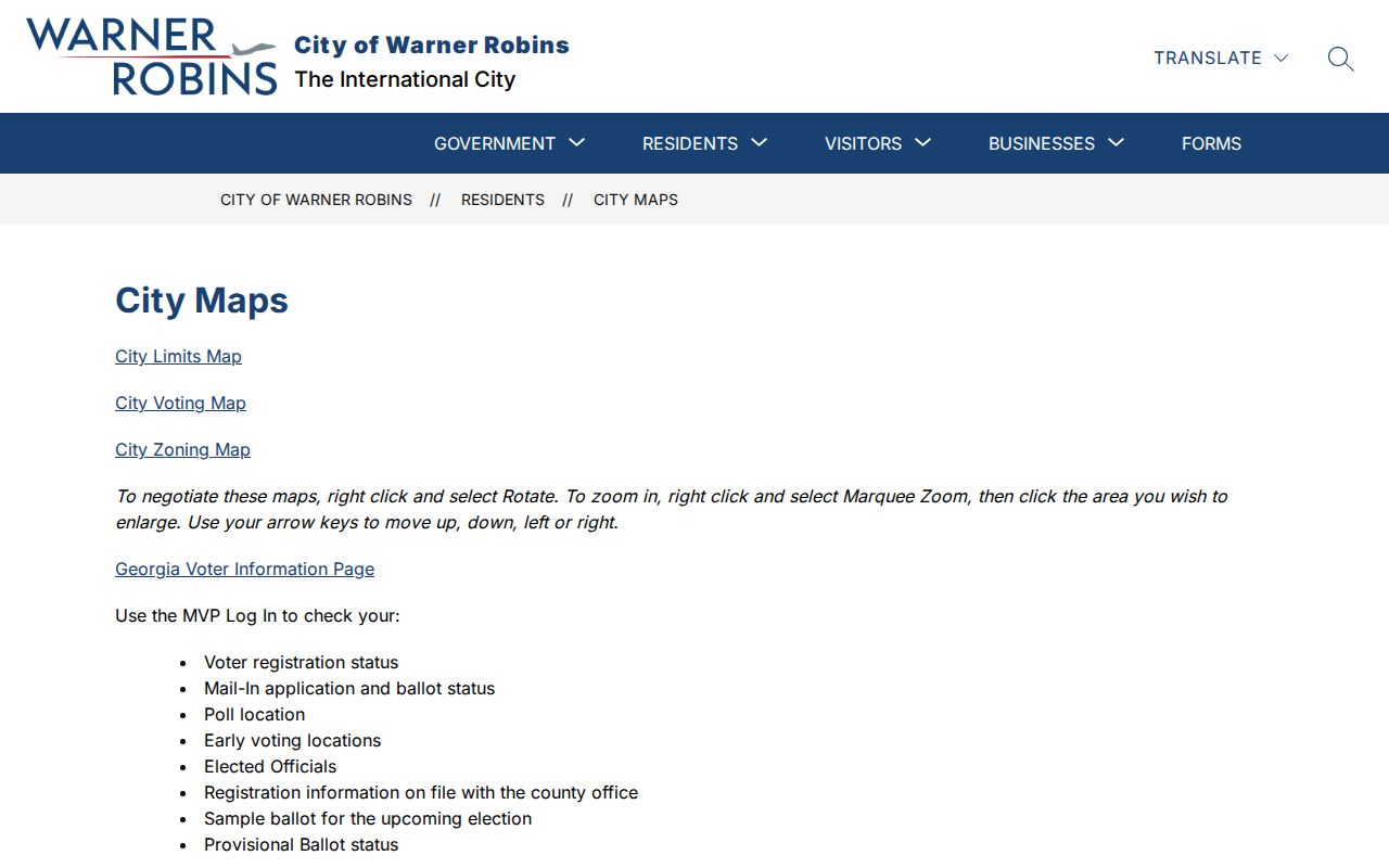 Official Warner Robins city maps page for street and jurisdiction research