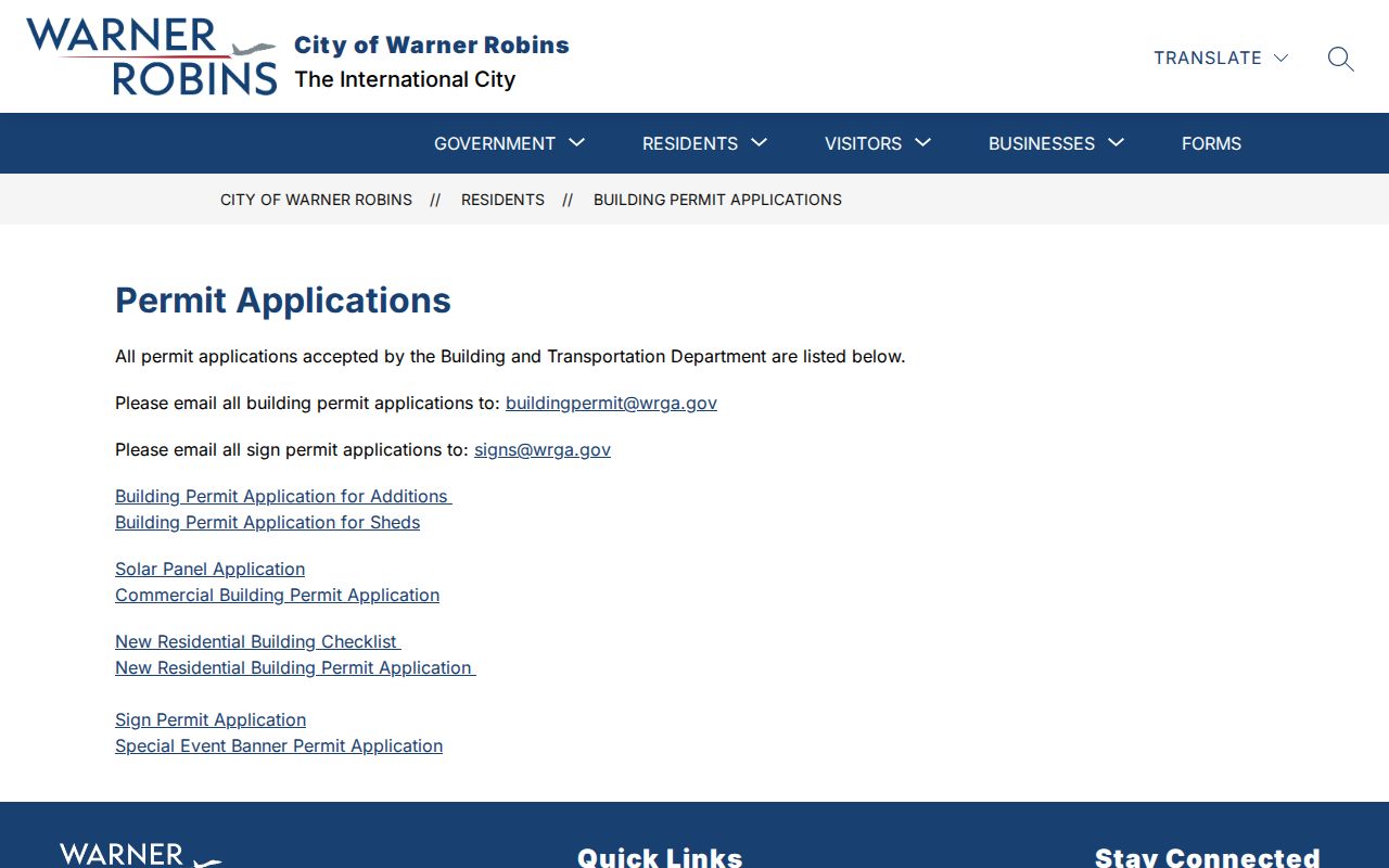 Warner Robins permit application page used for address-specific records